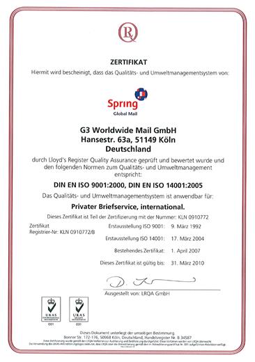 Spring Global Mail hat von Lloyd’s Register Quality Assurance erneut die unabhängigen und international anerkannten Zertifizierungen für ihre Qualitäts- und Umweltmanagementsysteme gemäß DIN EN ISO 9001:2000 und DIN EN ISO 14001:2005 erhalten.