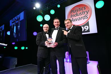For the third time in the nine-year history of the UK's Plastics Industry Awards and the second consecutive year, Distrupol has been voted Polymer Distributor of the Year. Left-to-right: Matthew Thornton from Materials Knowledge Transfer Network, presenter of the award, Richard Orme of Distrupol and Paul Ross, celebrity presenter for the evening. (Photo: Distrupol, DISTPR116)