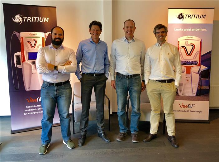 NKM Hungary installs Tritium fast chargers as part of strategic network rollout. From left to right: Tamas Binder (IT Operations Leader), Jeroen Jonker (General Manager Sales Europe Tritium), Szabolcs Balogh (Managing Director NKM Mobiliti), Manuel Fernandes (General Manager Operations Europe, Business Development Tritium). 
(Image courtesy Tritium, PR006)