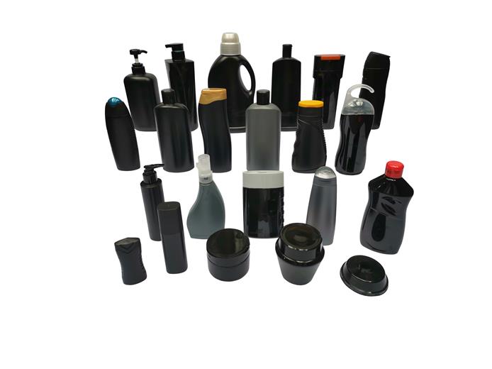 Black and grey plastics packaging colored with Clariant’s new NIR-identifiable black colorants to support the sorting process in recycling. 
(Photo: Clariant)