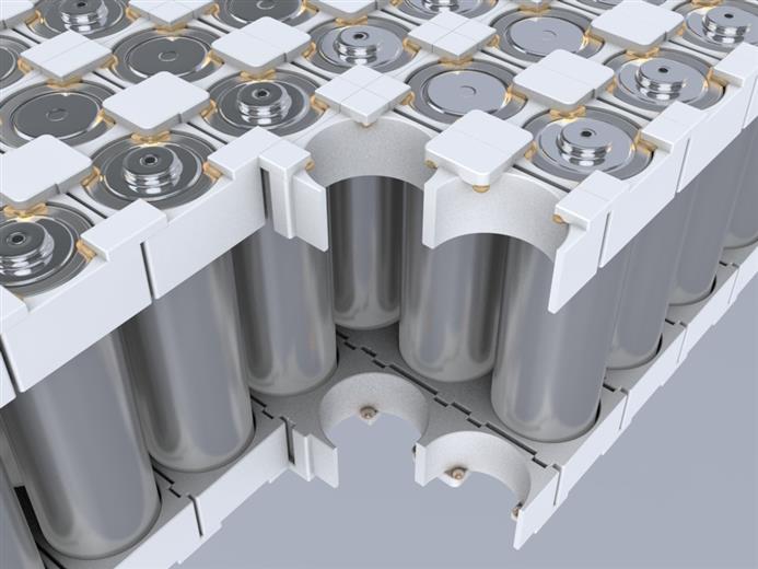 Image 2: Cylindrical cells fixed in a plastic carrier with Henkel’s Loctite AA 3963 adhesive. (Photo: Henkel, PR091)