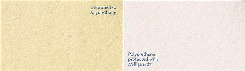 Unprotected polyurethane vs. polyurethane protected with Milliguard®.
(Photo © 2021 Milliken & Company, all rights reserved, MKPR252)