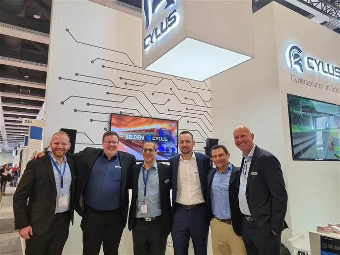 From left to right: Miki Shifman – Cylus CTO, Dr. Oliver Kleineberg – CTO, Amir Levintal – Cylus CEO, Joachim Kiera, Director of Business Development Belden, Ronen Rabinovich - Senior Product Manager Firewall and Cyber Security – Belden and Tobias Patric Dahm – Cylus VP business development. 
(Photo: Belden, PR515) 