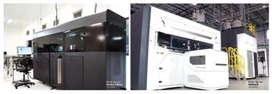 The evolution of GE Additive’s Binder Jet Technology. Picture shows the Series 2 (left) and the Series 3 (right). 
(Photo: GE Additive, GEADPR064)