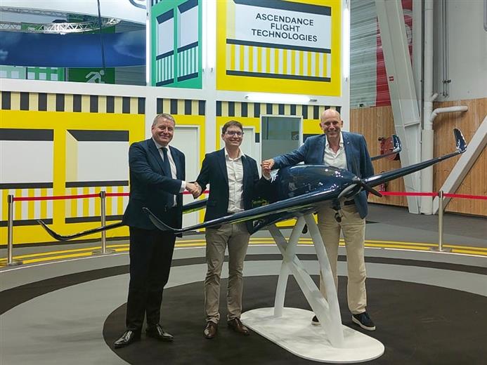 Photo of Ascendance Flight Technologies and Solvay representatives at the signing event.
At the 2023 Paris Air Show, Solvay and Ascendance Flight Technologies have signed a partnership to collaborate in the development of innovative material and aerospace technologies for enhancing the safety, efficiency and sustainability of future aircraft. From left: Gerald Perrin, Solvay EMEA Business Manager; Jean-Christophe Lambert, CEO of Ascendance Flight Technologies and Stéphane Viala, Director of Engineering & Program at Ascendance Flight Technologies. (Photo: Solvay, PR083)