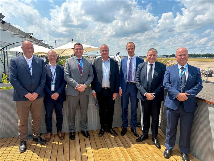 Solvay and Zotefoams representatives at the signing event.
Solvay and Zotefoams have signed a long-term supply agreement for Solef® PVDF to be used in high-performance closed-cell foams for a wide range of lightweighting aircraft interior applications. (Photo: Solvay, PR086)
