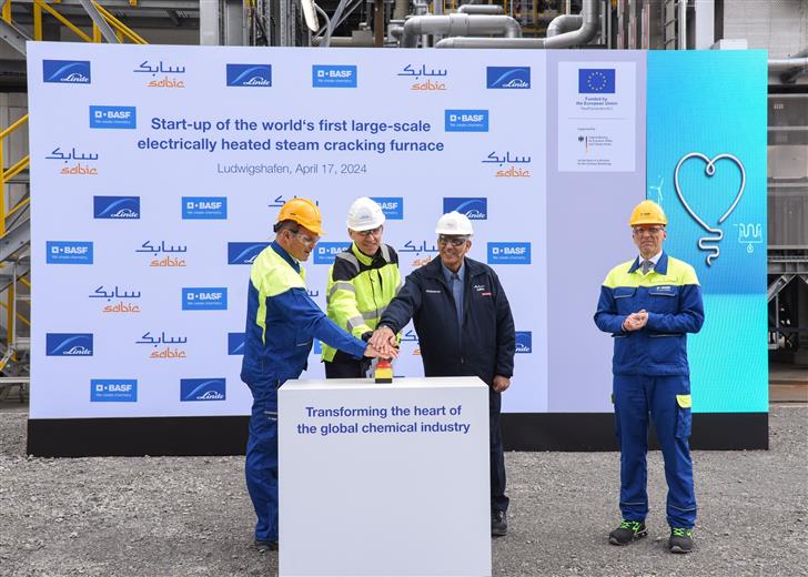 BASF, SABIC, and Linde celebrate the start-up of the world's first large-scale electrically heated steam cracking furnace.