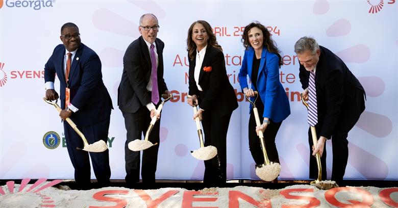 Groundbreaking ceremony for Syensqo battery materials in Augusta, featuring Mayor Garnett L. Johnson, White House Senior Advisor Tom Perez, Syensqo CEO Ilham Kadri, DOE Manufacturing & Energy Supply Chains Office Director Giulia Siccardo and Syensqo CTIO Mike Finelli. 
(Photo: Syensqo, PR021)