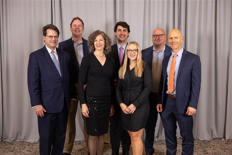 The Syensqo team receiving the safety category award at the 2024 SPE Innovation Awards North America on November 13, 2024, in Detroit, Michigan. From the left: Gregory Poterala, Rik LaBelle, Laura Hirschhorn, Gill Biesold, Alyssa Arend, Patrick Rodgers, and Geoffrey Lindberg. (Photo: Syensqo, PR045)