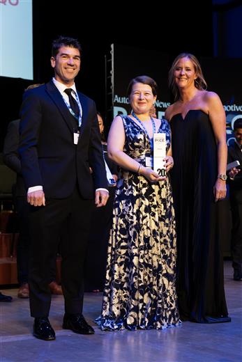 Brian Baleno - Director of Global Business Development and Program Management, and Deedee Smith - Head of Marketing Automotive at Syensqo receive the 2025 Automotive News PACE Pilot Innovation to Watch award. (TAPSNAP DETROIT AND RAJ MEHTA PHOTOGRAPHY)